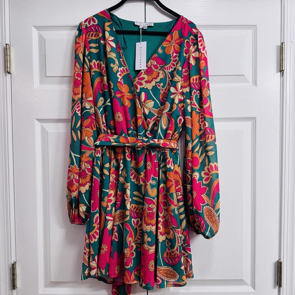 Baltic Born Wesley Mini Dress Bright Vibrant Women's Large Green Pink Floral NWT